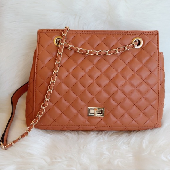 Quilted flap bag shoulder or crossbody honey beige brown gold chain - Picture 1 of 13